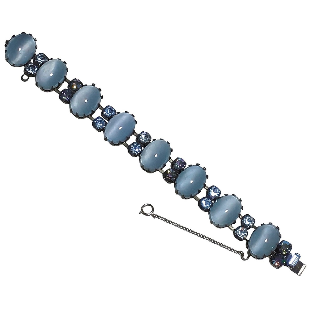 Vintage Regency Blue Moonstone Rhinestone Bracelet Women Blue Cabochon‎